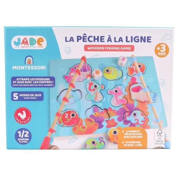 2 CANNES A PECHE 43 CM BOIS AVEC MOULINET + 10 POISSONS BOIS