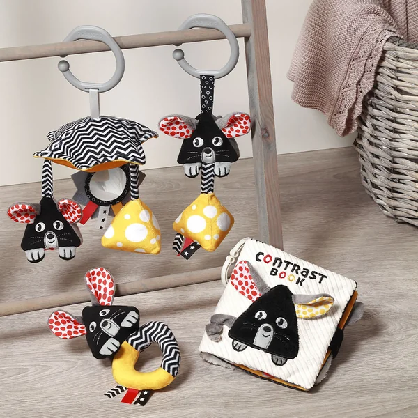 BABYONO Jouet suspendu contrasté sur anneau en C Mouse 0 m+