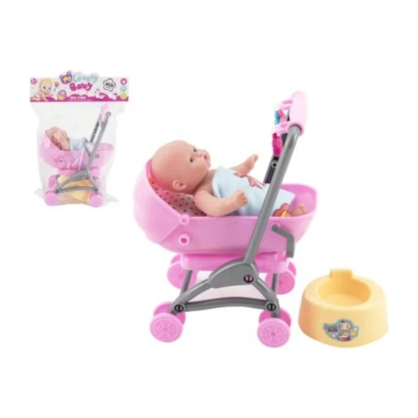 Bébé / poupée articulée 12cm dans une poussette 10x14x18cm en plastique avec accessoires