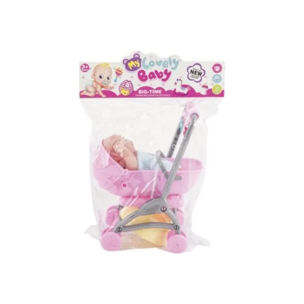 Bébé / poupée articulée 12cm dans une poussette 10x14x18cm en plastique avec accessoires