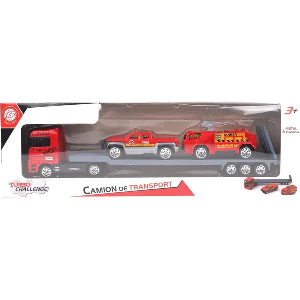 CAMION TRANSPORT ROUES LIBRES EN METAL AVEC 2 VEHICULES INTERVENTION