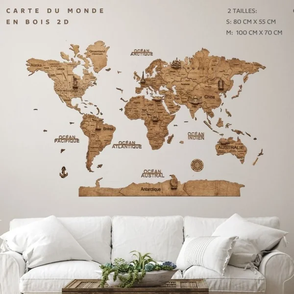 Carte du monde en bois 2D - 100x70 cm - taille M Foncée - Creatif Wood