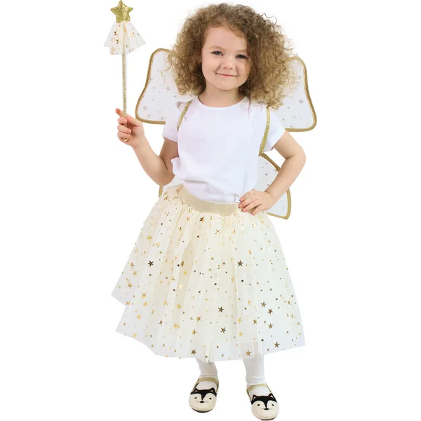 Costume enfant tutu jupe fée dorée avec baguette et ailes e-emballage