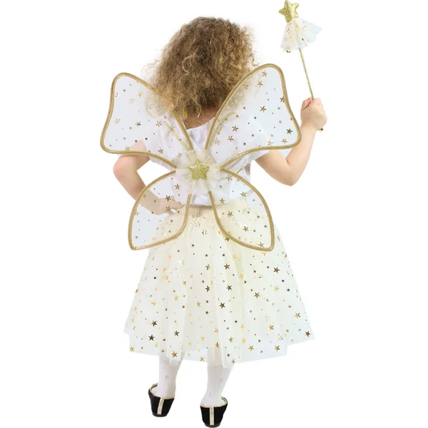 Costume enfant tutu jupe fée dorée avec baguette et ailes e-emballage