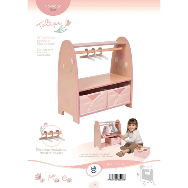 DeCuevas 55874 Portemanteau en bois pour vêtements de poupées Tulipe 2025
