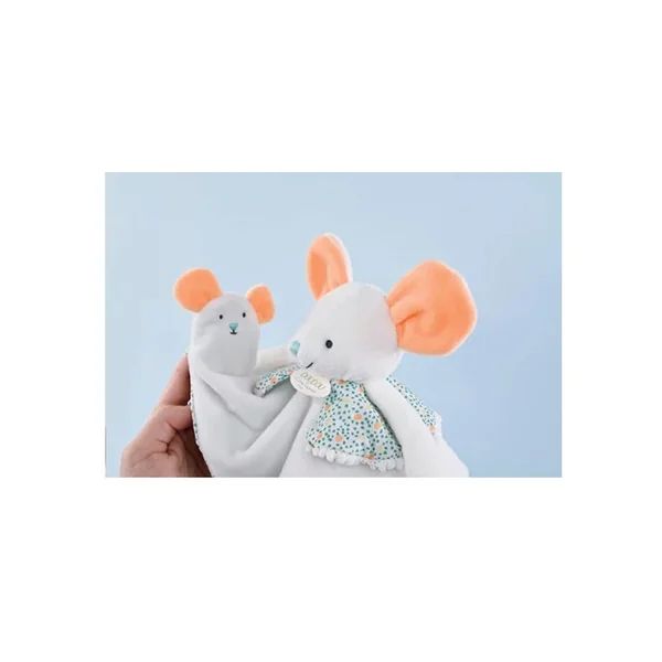 Doudou plat souris blanc avec marionnette à doigt 30 cm - Doudou et Compagnie