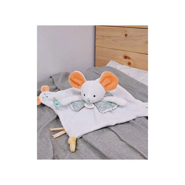 Doudou plat souris blanc avec marionnette à doigt 30 cm - Doudou et Compagnie