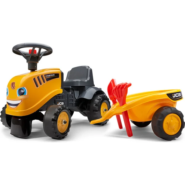 Falk Odrážadlo 215C Baby JCB jaune avec remorque et pelle avec râteau