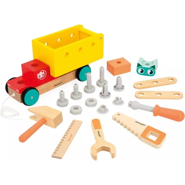 Janod BricoKids Ensemble de construction en bois voiture à tirer avec outils