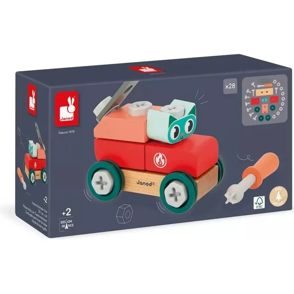 Janod BricoKids Kit de construction en bois voiture avec outils Chat 28 pcs