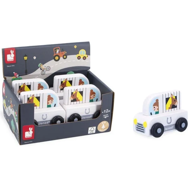 Janod Cross roads Voiture en bois à pousser Voiture avec remorque blanche