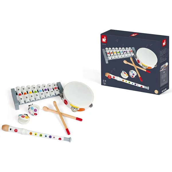 Janod Ensemble d'instruments de musique en bois Confetti flûte-tambourin-xylophone-castagnettes
