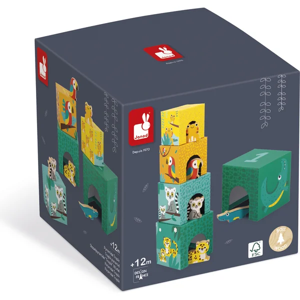 Janod Tropik Pyramide à empiler en carton avec animaux en bois