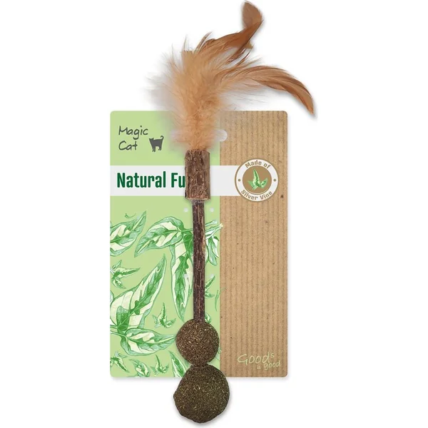 Jouet Magic Cat Natural Fun bâtonnet avec plumes naturelles et boules vertes 18cm