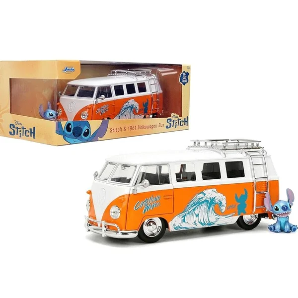 Miniature 1:24 Volkswagen Bus W Stitch figure orange hollywood Rides 1961 - Jada Toys