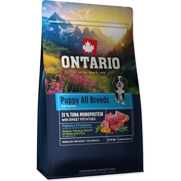 Nourriture Ontario Puppy & Junior All Breeds Monoprotéine Thon & Patates Douces 0,75kg