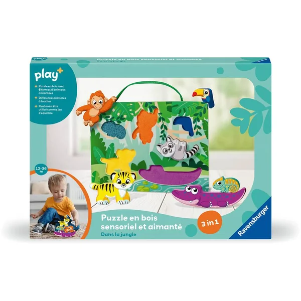 PLAY+ - PUZZLE EN BOIS SENSORIEL ET AIMANTE - DANS LA JUNGLE
