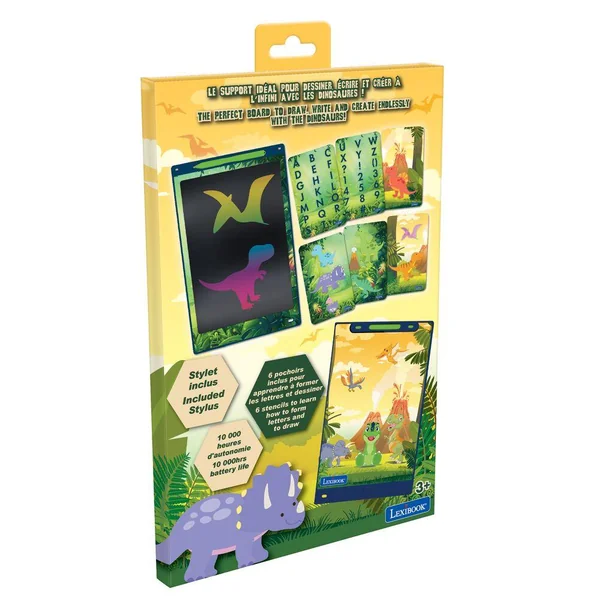 TABLETTE A DESSINS EDUCATIVE ENCRE ELECTRONIQUE MULTICOLORE 28CM AVEC POCHOIRS DINOSAURES