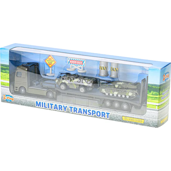 Transporteur militaire 2-Play Traffic 25cm en métal avec véhicules blindés, mouvement libre