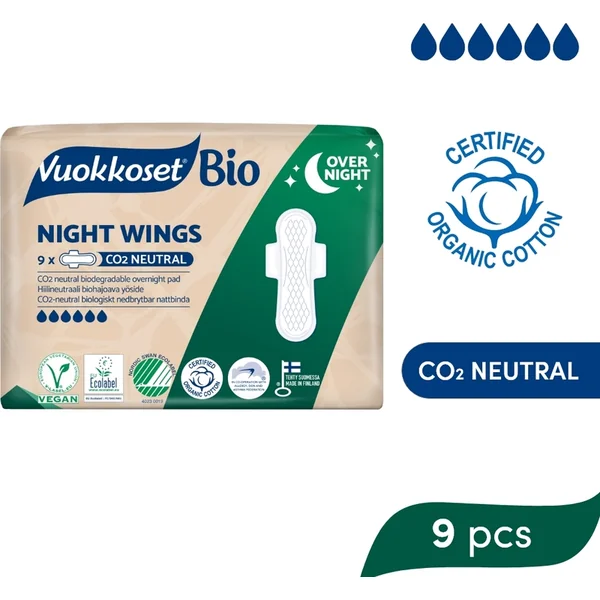 VUOKKOSET BIO Serviettes hygiéniques nuit avec ailes Night Wings (9 pcs)
