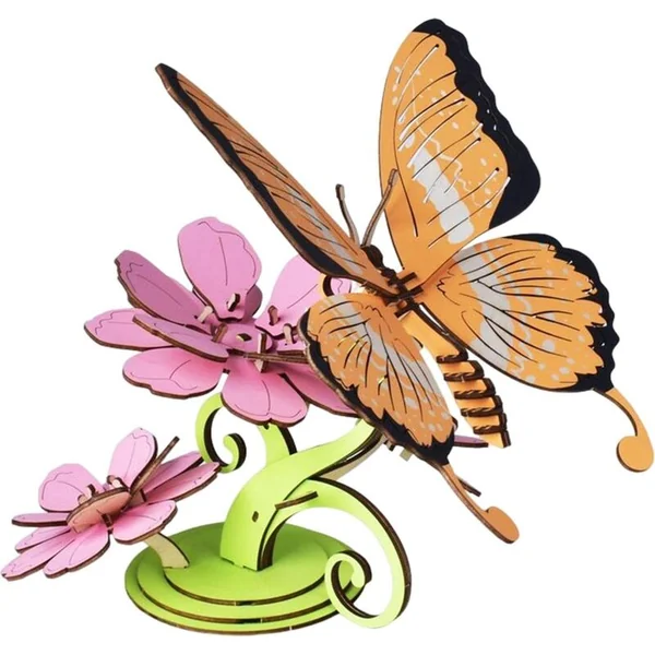 Woodcraft Puzzle 3D en bois Papillon sur fleurs coloré